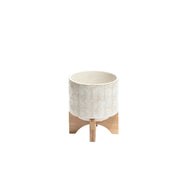 Intricately Designed Round Ceramic Planter, White and Brown