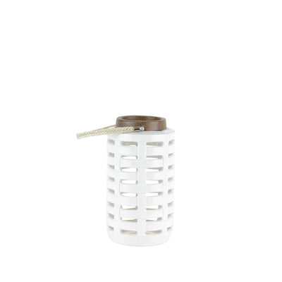 Lattice Cutout Patterned Ceramic Lantern, Small, Brown and White