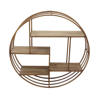 Round Metal Framed Wall Shelf with Four Wooden Display Spaces, Gold and Brown