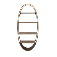Oval Shape Four Tiered Metal and Wood Wall Shelf, Brown and Gold