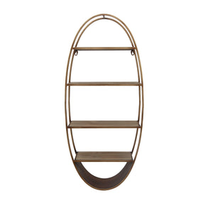 Oval Shape Four Tiered Metal and Wood Wall Shelf, Brown and Gold