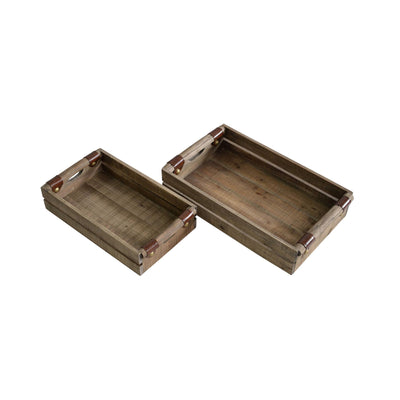 Wooden Trays with Cutout Handles and Metal Accents, Brown, Set of Two