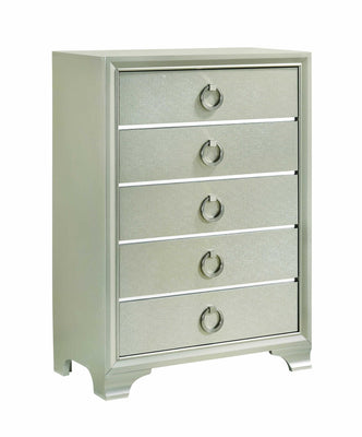 Five Drawers Wooden Dresser with Oversized Ring Handles, Silver