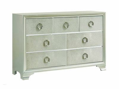 Seven Drawers Wooden Dresser with Oversized Ring Handles, Silver