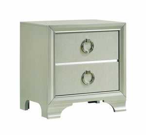 Two Drawers Wooden Nightstand with Oversized Ring Handles, Silver