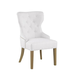 Wooden Dining Chair with Button Tufted Wing Back, White and Brown