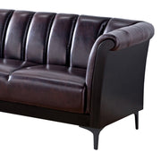 Channel Tufted Leatherette Sofa with Metal Leg Support, Brown and Black