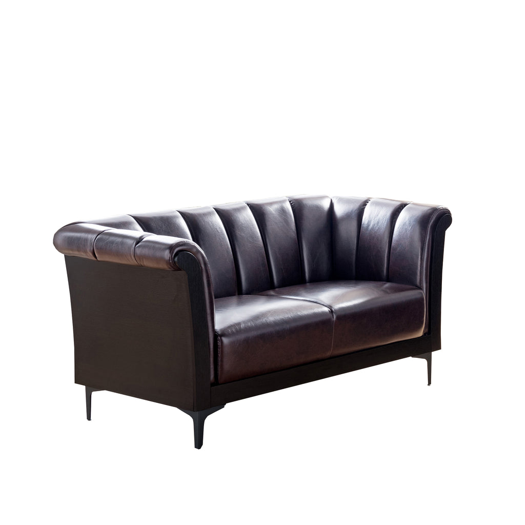 Channel Tufted Leatherette Loveseat with Metal Leg Support, Brown and Black