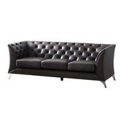 Button Tufted Leatherette Upholstered Metal Sofa, Brown and Silver