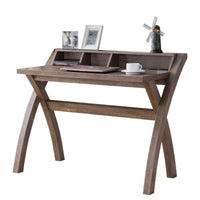 Multifunctional Wooden Desk with Electric Outlet and Trestle Base, Brown