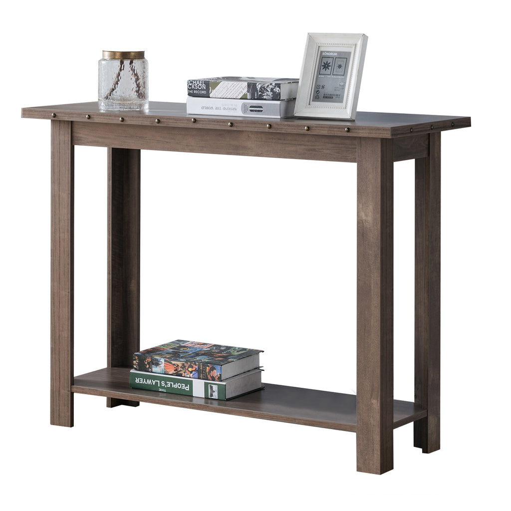 Sturdy Wooden Console Table with Rivet Detailing and Bottom Shelf, Brown