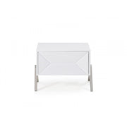 Wooden Nightstand with One Drawer and Inverted V shaped Steel Legs, White and Silver