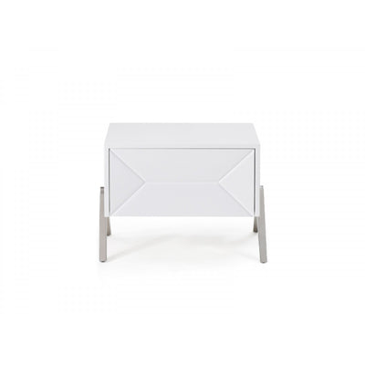 Wooden Nightstand with One Drawer and Inverted V shaped Steel Legs, White and Silver