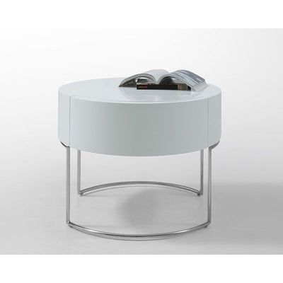 Wooden Nightstand with One Drawer and Stainless Steel Legs, White and Silver