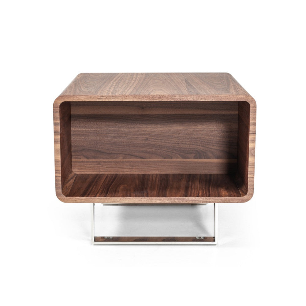 Wood and Stainless Steel End Table with One Shelf, Brown and Silver