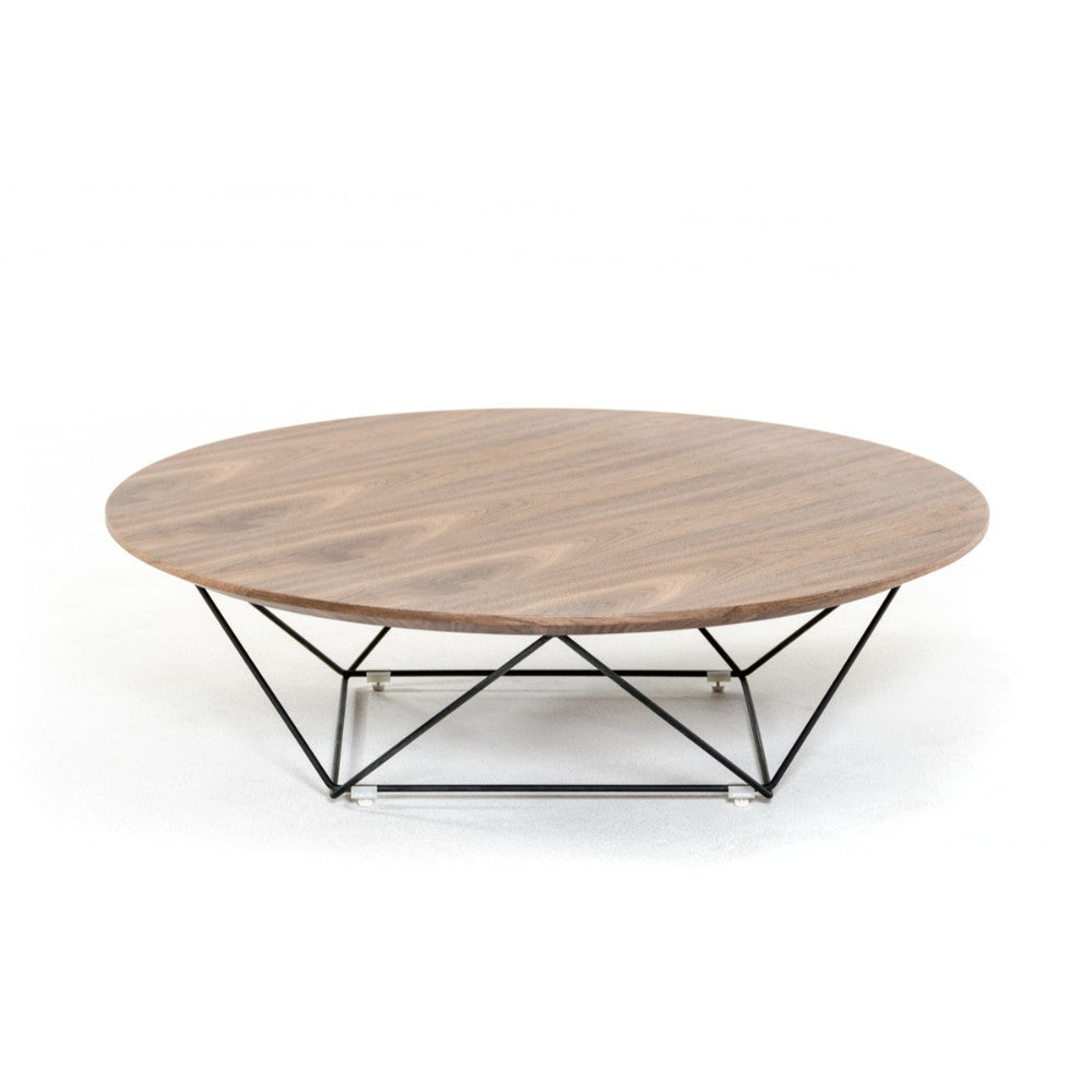 Round Shaped Wooden Top Coffee Table with Unique Design Metal Base, Brown and Black