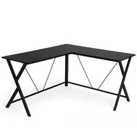 L Shaped Wooden Corner Desk with Geometric Metal Frame, Black