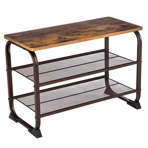 Industrial 3 Tier Wood Top Shoe Rack with Metal Base, Black and Brown