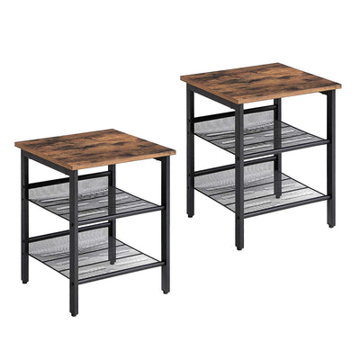 Wooden Side Table with Metal Mesh Shelves, Set of 2, Black and Brown