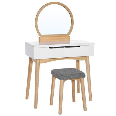 Wooden Vanity Set with 2 Drawers and Round Mirror, White and Brown