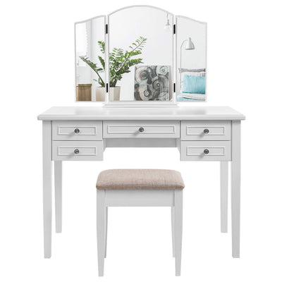 Wooden Vanity Set with 5 Drawers and Tri Fold Mirror, White and Beige