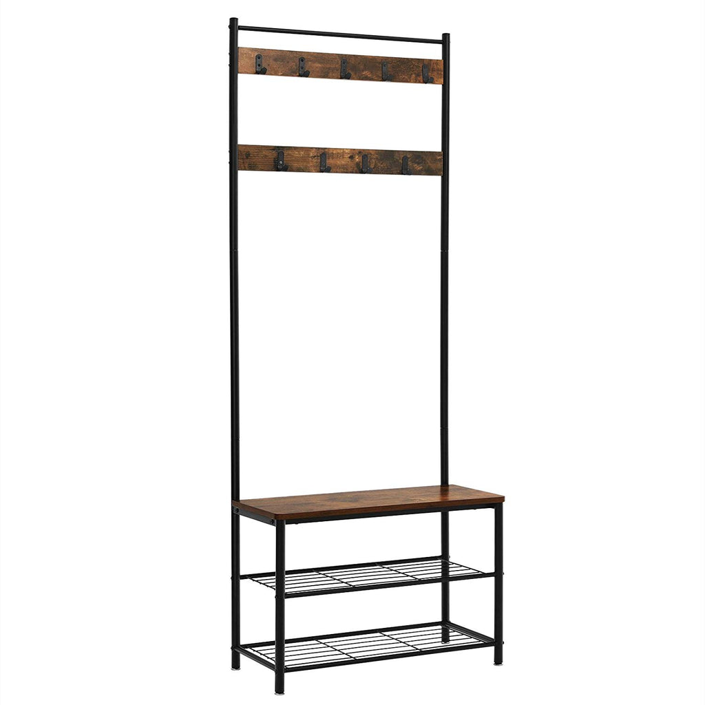 Industrial Wood and Metal Coat Rack with Shoe Bench, Black and Brown