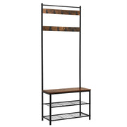Industrial Wood and Metal Coat Rack with Shoe Bench, Black and Brown