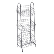 3 Tier Grid Design Metal Basket Stand with Tubular Frame, Silver