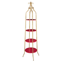 Wooden Cathedral Shelf with Metal Tubular Frame, Gold and Red