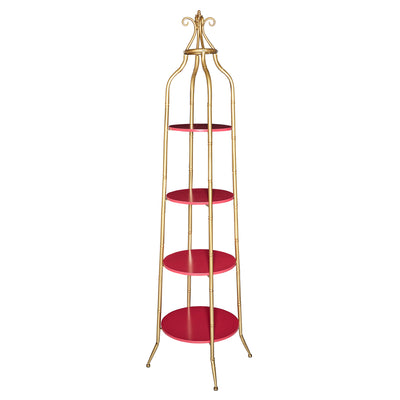 Wooden Cathedral Shelf with Metal Tubular Frame, Gold and Red
