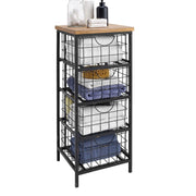 Wire Grid Metal Drawer Unit with Wooden Top, Brown and Black