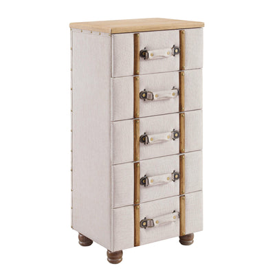 Padded Wood and Fabric Chest Cabinet with 5 Drawers, Cream and Brown