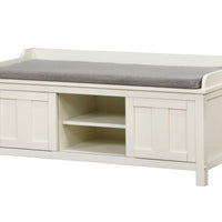 Wooden Storage Bench with Sliding Doors and Padded Seat,White and Gray