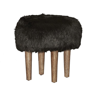 Transitional Style Faux Fur Upholstered Stool with Wooden Legs, Black