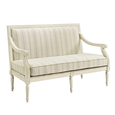 Wooden Settee with Engraving Details and Cushioned Seat,White and Gray