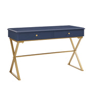 Wood and Metal Rectangular Campaign Desk with 2 Drawer, Blue and Gold