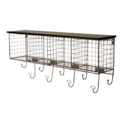 Grid Metal and Wood Wall Shelf with 4 Cubbies 9 hooks, Black