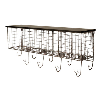 Grid Metal and Wood Wall Shelf with 4 Cubbies 9 hooks, Black