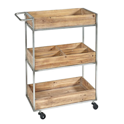 3 Tier Wood and Metal Cart with Tubular Frame, Brown and Silver
