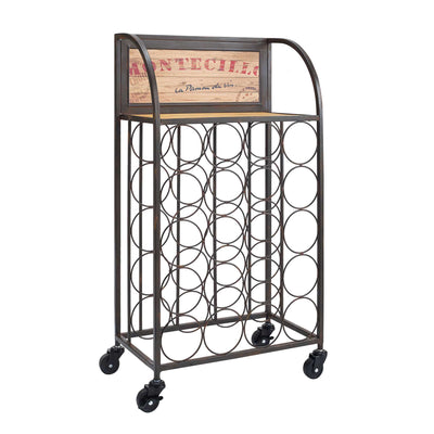 Industrial Style Wood and Metal Wine Rack with Wheels, Brown and Black
