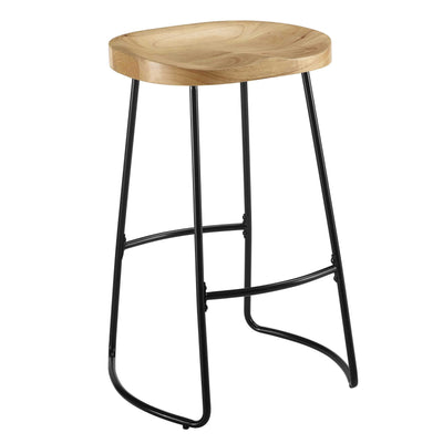 Metal and Wood Bar Stool with Saddle Seat, Black and Brown