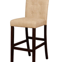 Wooden Bar Stool with Button Tufted Backrest, Beige and Brown