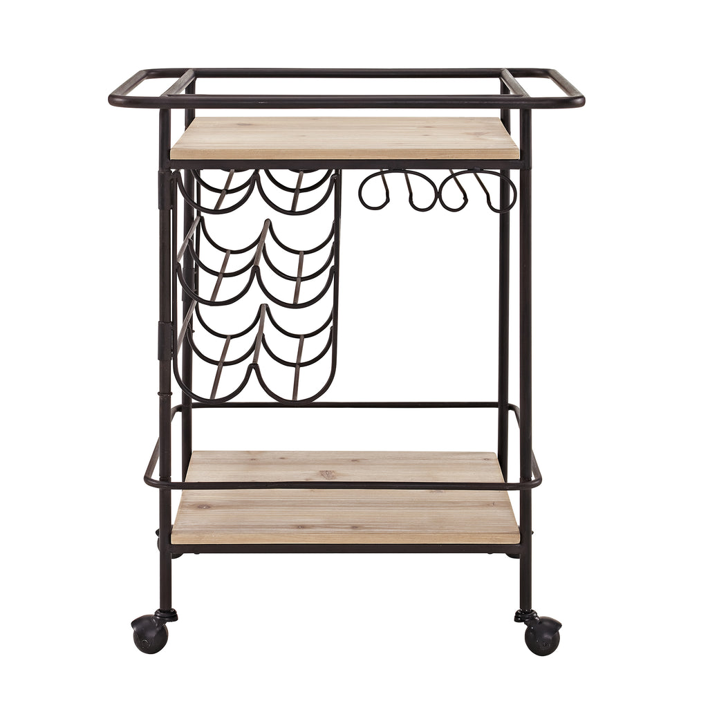 2 Tier Metal and Wood Bar Cart with 12 Wine holders, Black and Brown