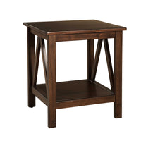 Wooden End Table with Bottom Shelf and Inverted V Design Sides, Brown