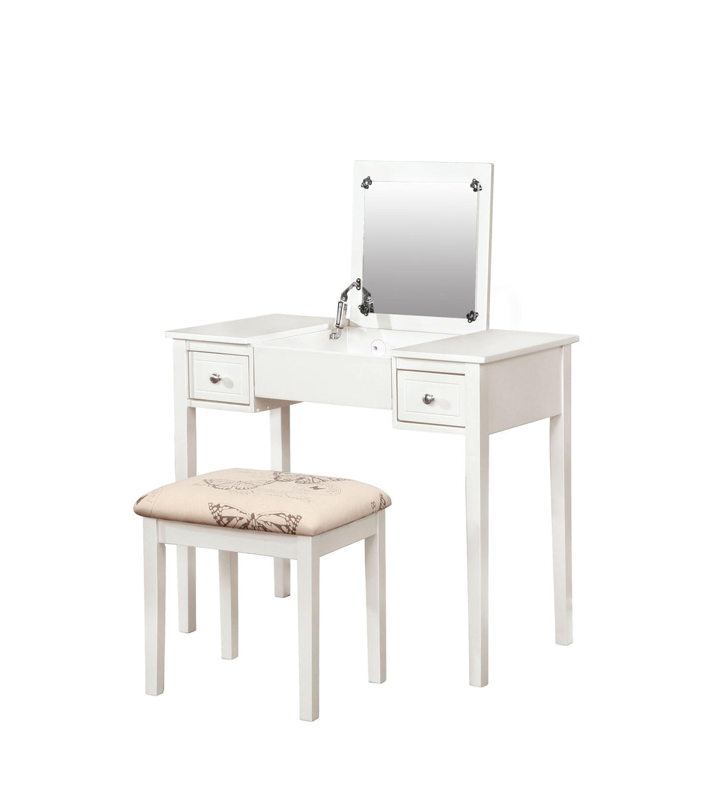 Wooden Vanity with Flip Top Mirror and Cushioned Stool,White and Beige