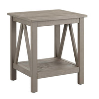 Wooden End Table with Bottom Shelf and Inverted V Design Sides, Gray