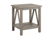 Wooden End Table with Bottom Shelf and Inverted V Design Sides, Gray