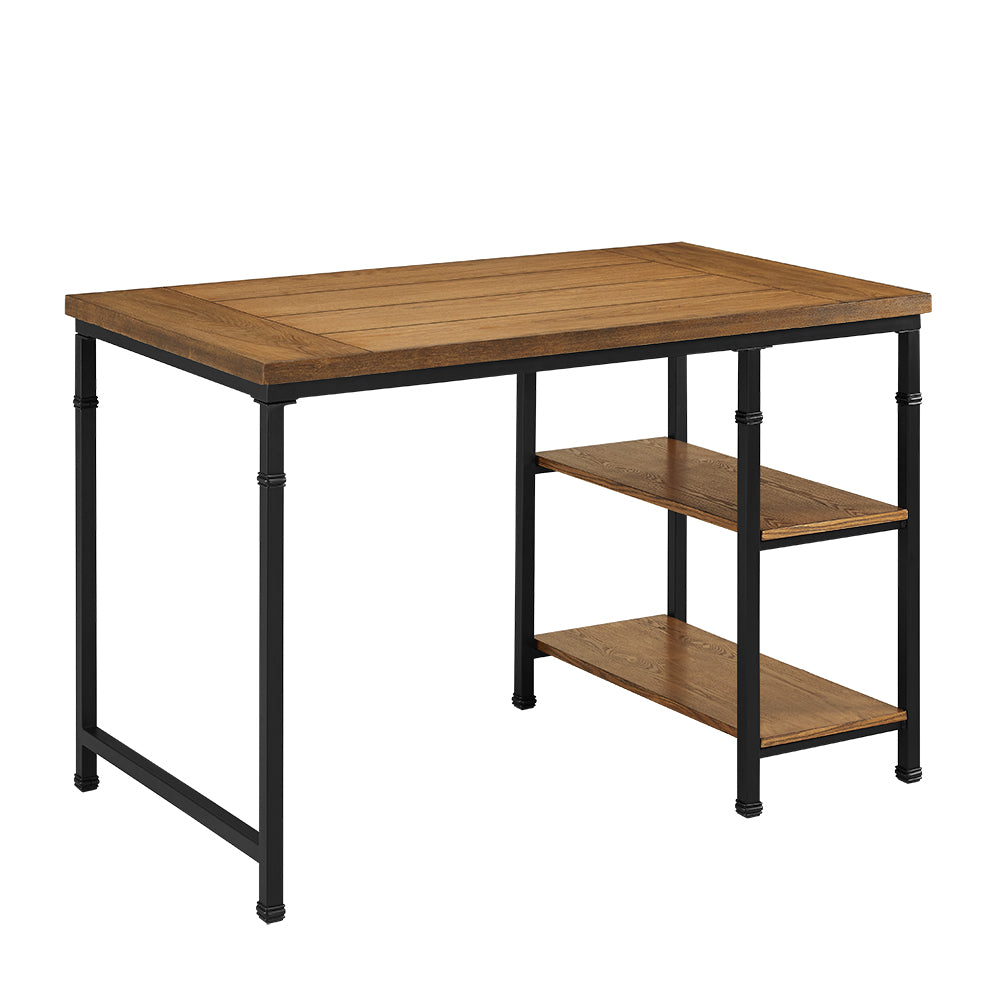 Wooden Desk with Two Open Shelves and Metal Legs, Brown and Black