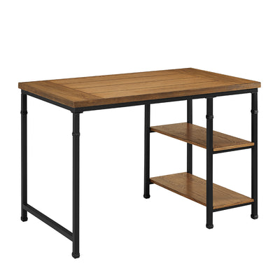 Wooden Desk with Two Open Shelves and Metal Legs, Brown and Black