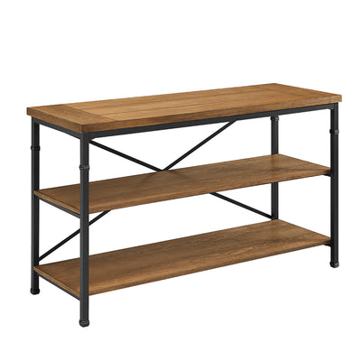 Wooden TV Stand with Two Open Shelves and Metal Feet, Brown and Black